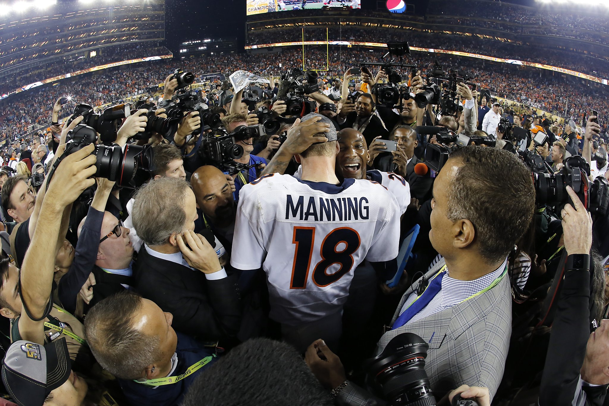 Denver Broncos Head Coach Gary Kubiak is doused with Gatorade by MVP Von  Miller (58) at the end of Super Bowl 50 in Santa Clara, California on  February 7, 2016. The Denver