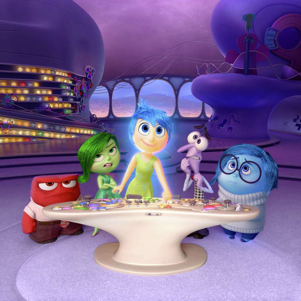 In this image released by Disney-Pixar, characters, from left, Anger, voiced by Lewis Black, Disgust, voiced by Mindy Kaling, Joy, voiced by Amy Poehler, Fear, voiced by Bill Hader, and Sadness, voiced by Phyllis Smith appear in a scene from "Inside Out." The 43rd annual Annie Awards were a joyous affair for ?“Inside Out.?” The Pixar release won the Annies?’ top honor and 10 awards altogether at the ceremony on Saturday, Feb. 6, 2016, at UCLA?’s Royce Hall in Los Angeles. (Disney-Pixar via AP) 