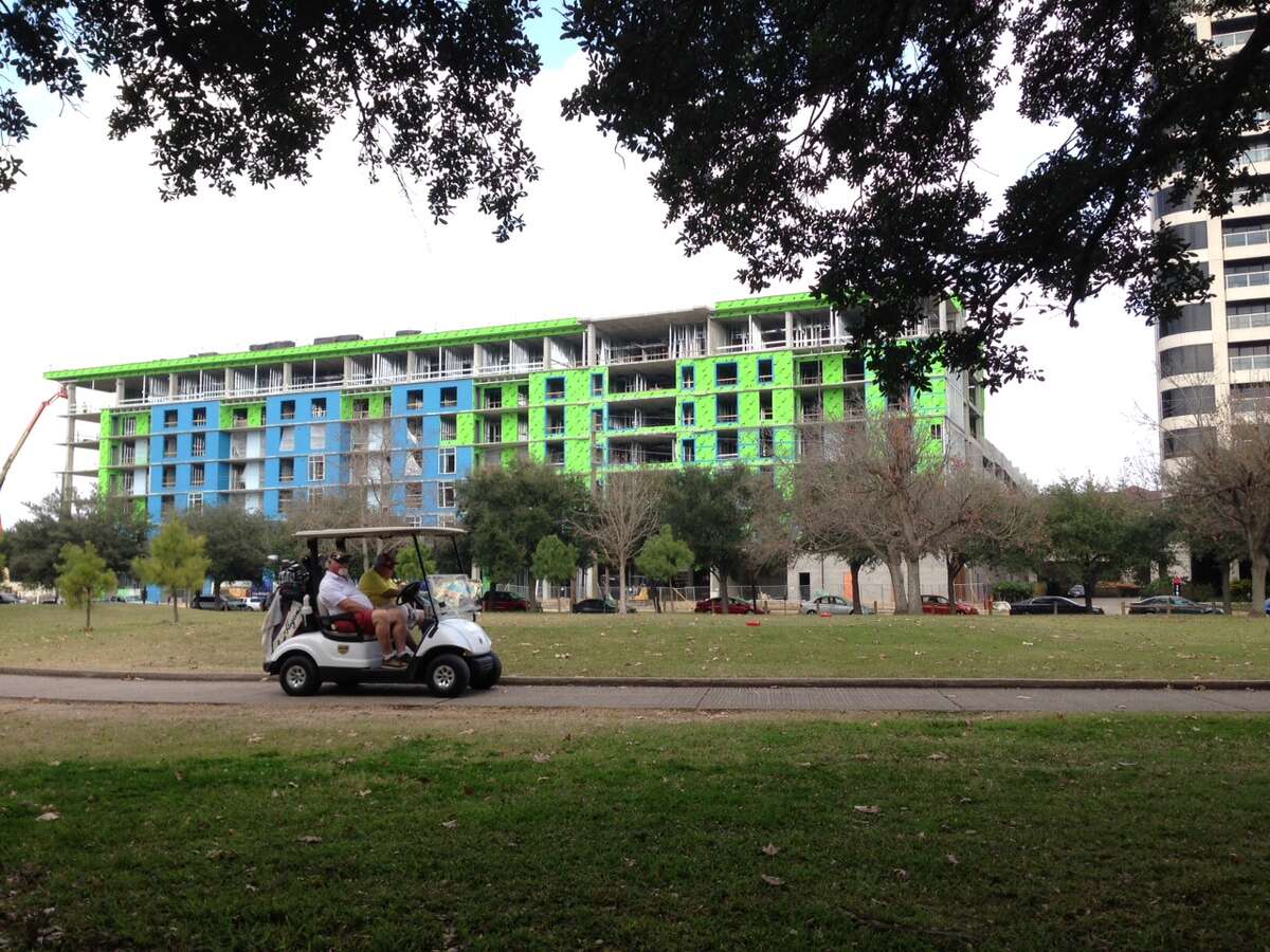 An apartment building under construction at 1699 Hermann Drive across from Hermann Park. Continue clicking to see the buildings that shaped the Houston skyline.