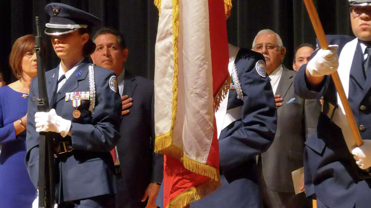 Republican John Lujan (left of flag) prepares to take the oath of office as state representative for Texas House District 118 at a ceremony at Southside High School. He’s running in the March 1 primary for a full, two-year term that would start in 2017.