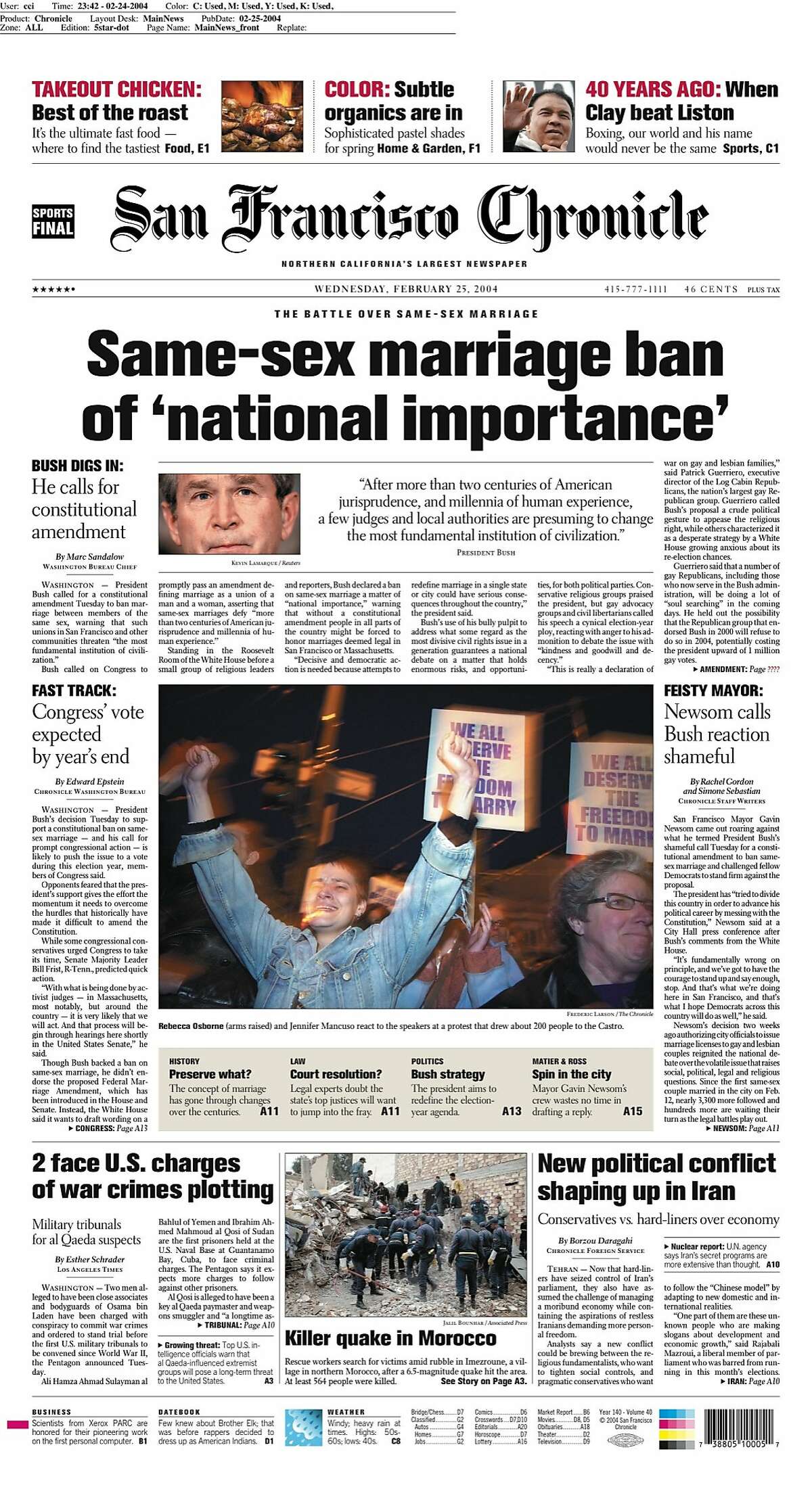 Historic Chronicle front page from February 25, 2004 announcing President George Bush's call for a ban on same-sex marriage.