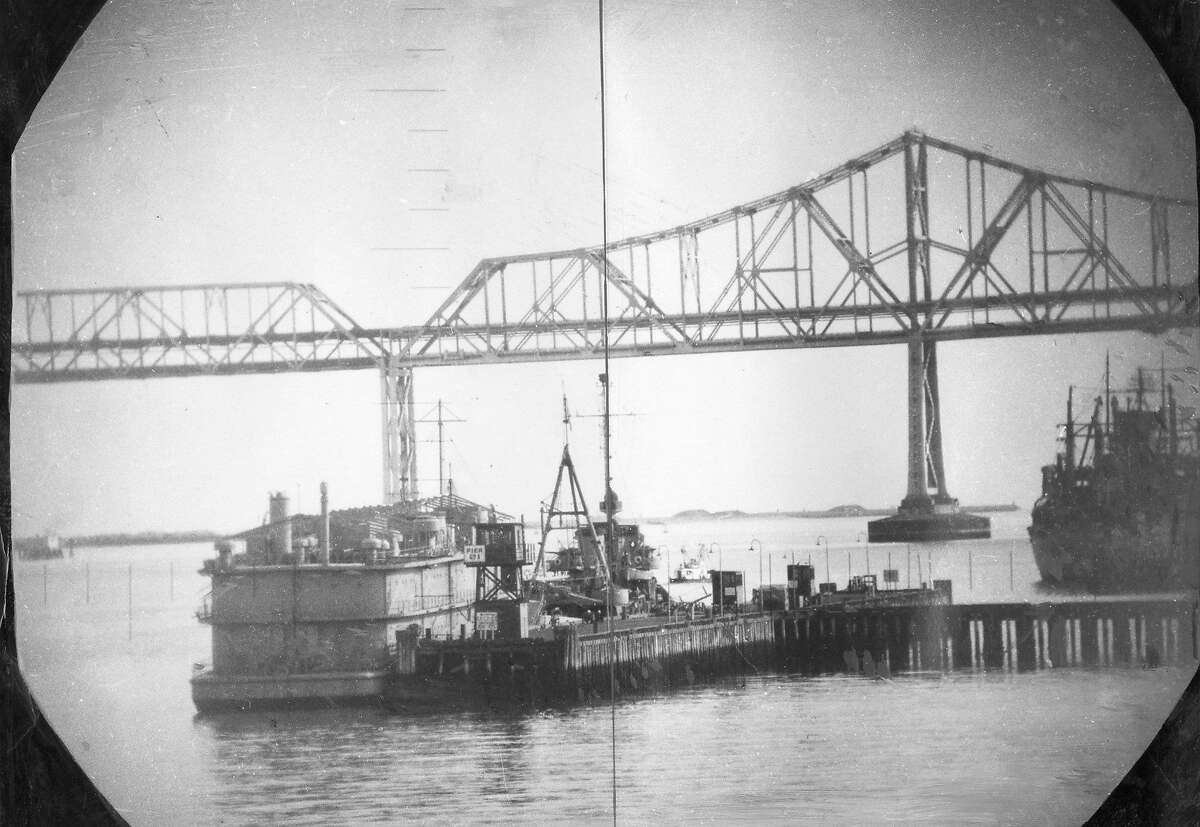 Jan. 21, 1951: A view from the U.S.S. Catfish submarine, taken near Treasure Island with the Bay Bridge in the distance.