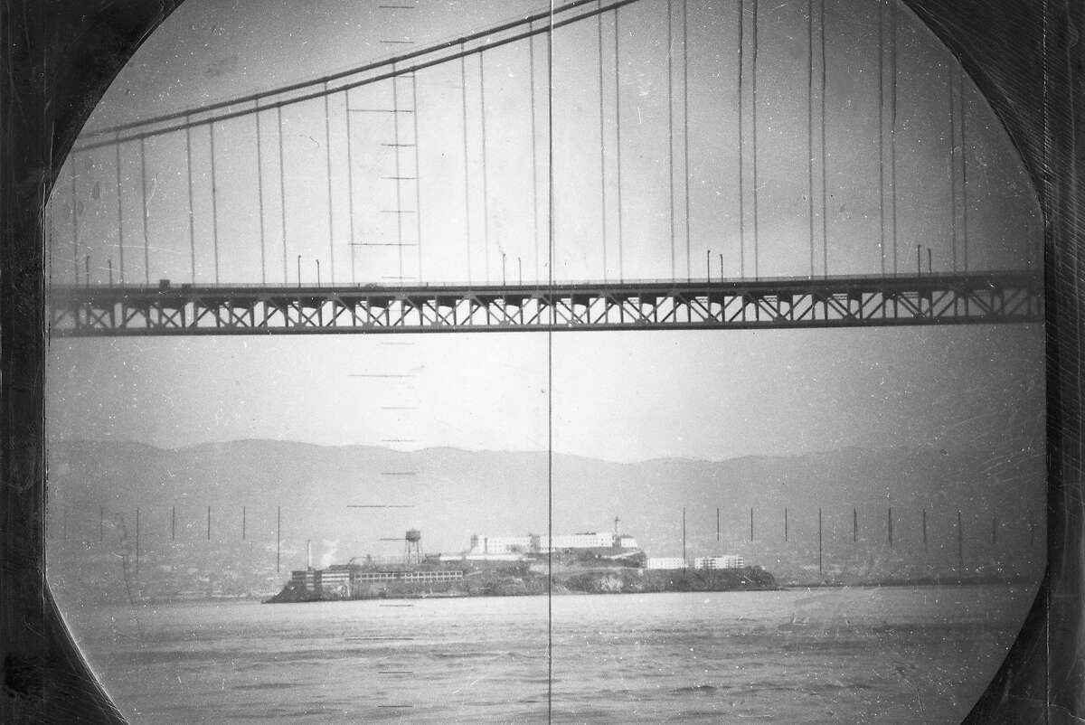 A view from the U.S.S. Catfish submarine on Jan. 21, 1951. Looking at Alcatraz while about to pass under the Golden Gate Bridge.