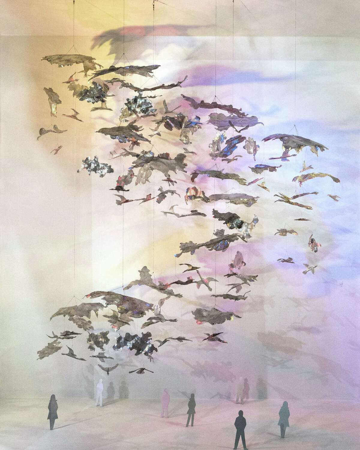As shown in this model, sculptor Ed Wilson's proposal for the interior George R. Brown Convention Center commission depicts a 60-foot mobile of bird and cloud forms made of perforated stainless steel. The artist envisions colorful, changing lights to help bring the piece to life. Due in March 2016, it will hang in the new lobby of the George R. Brown Convention Center. Houston Arts Alliance - Model of George R. Brown commisioned art installation by Houston artist Ed Wilson.