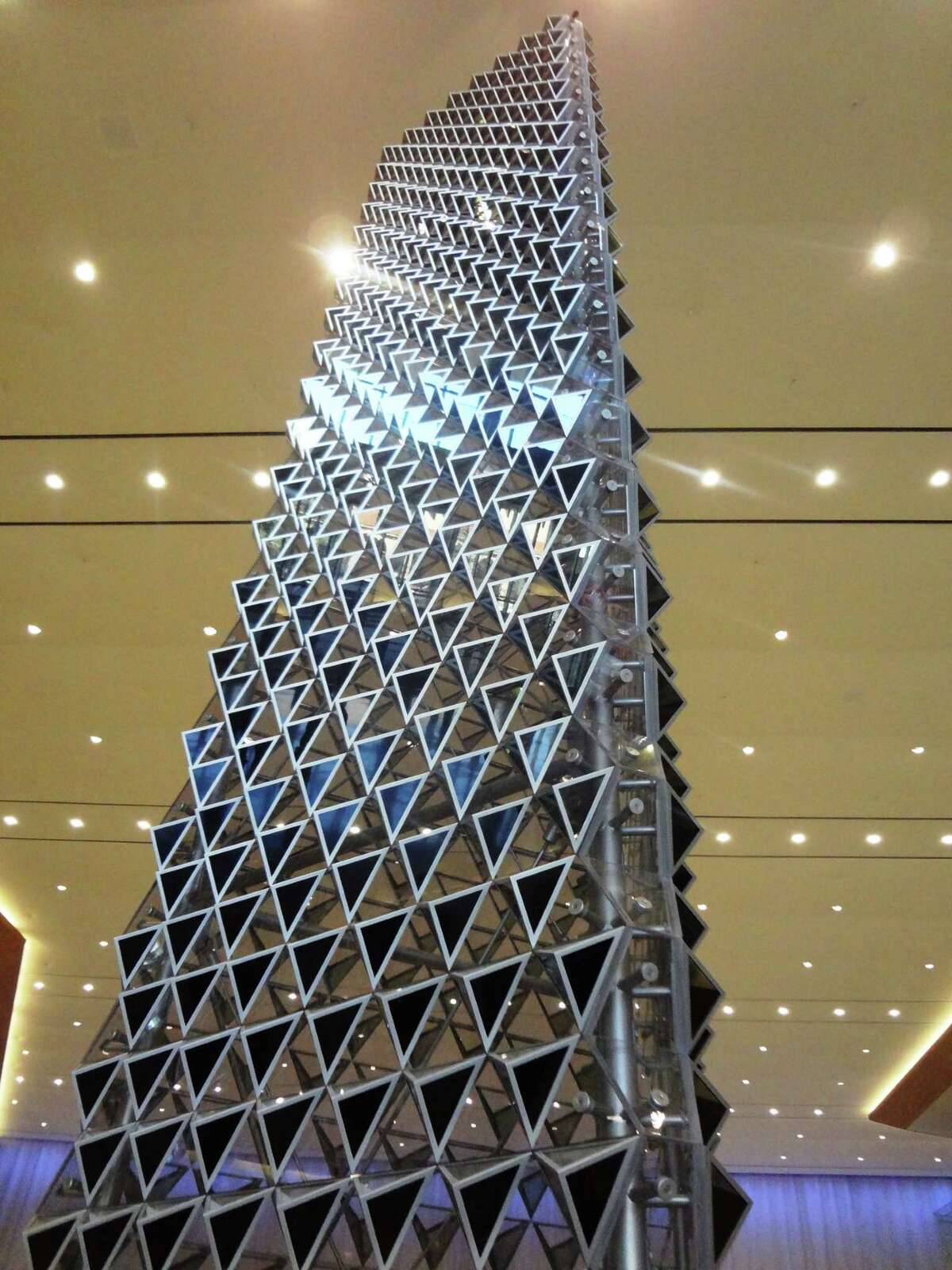 The centerpiece of the Convention Center lobby is an interactive sculptural tower called Liquid Crystal by the London-based Jason Bruges Studio. It's $1 million price tag has caused controversy.