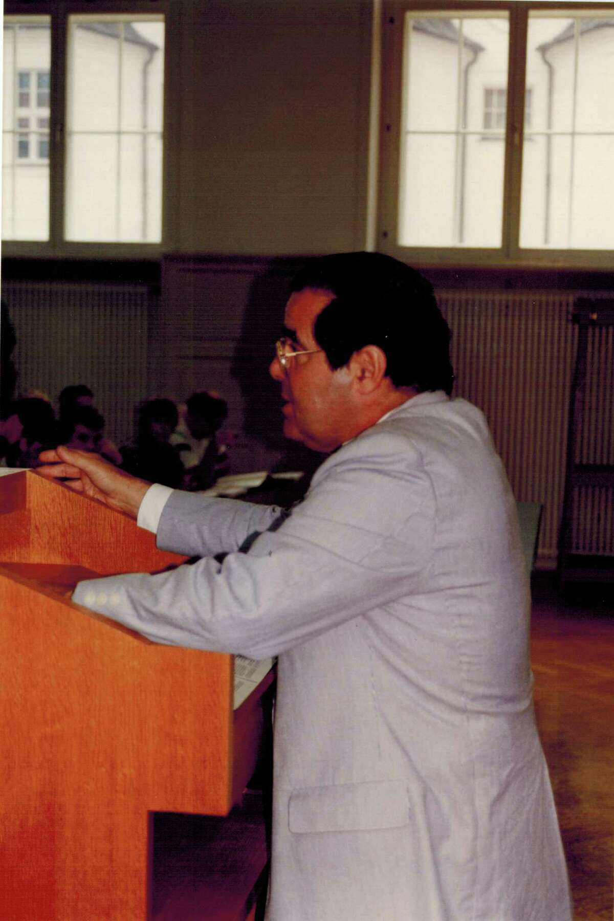 Senior U.S. Supreme Court Associate Justice Antonin Scalia teaches a class of St. Mary's University law students at the University of Innsbruck in Austria during a summer law program in 1992.