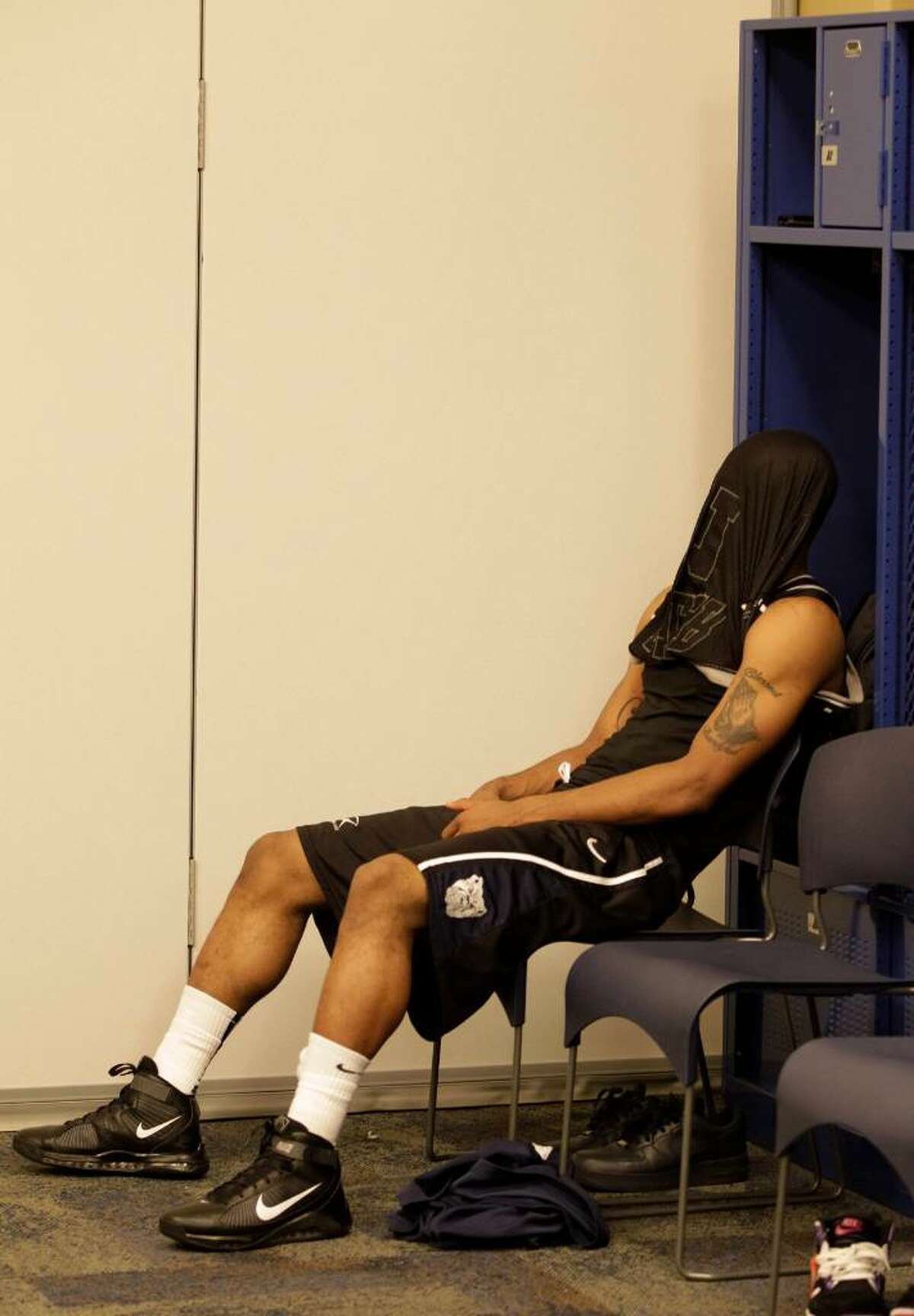 Butler's Willie Veasley sits in the locker room after his team's 61-59 loss to Duke in the men's NCAA Final Four college basketball championship game Monday, April 5, 2010, in Indianapolis.