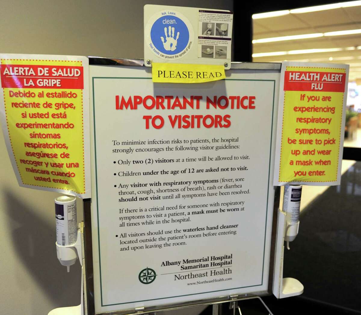 2014 file shot showing flu alert signs placed at the front doors of Albany Memorial Hospital on Thursday, Jan. 16, 2014 in Albany, N.Y. Capital Region hospitals have put visitor restrictions in place, following state Health Commissioner Howard Zucker?s declaration last week that influenza is prevalent statewide. (Lori Van Buren / Times Union archive)