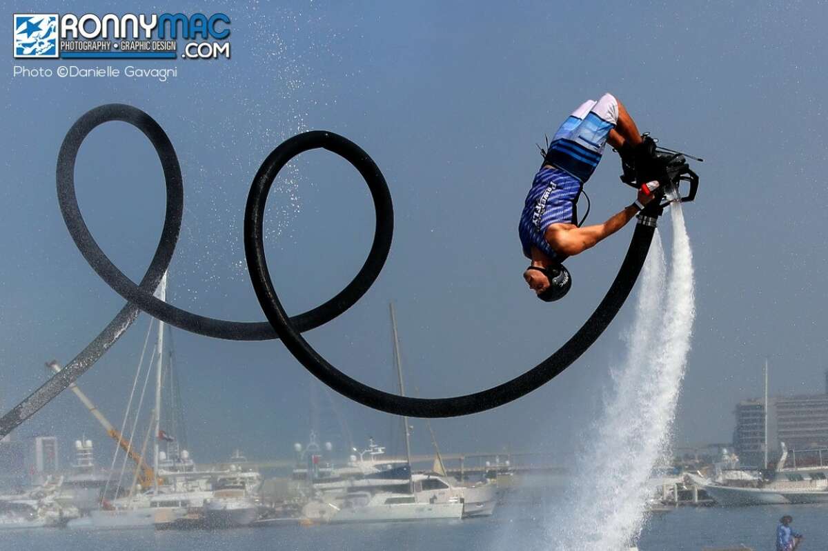Competitors fly through the air at the Flyboard World Cup in Dubai in December 2015.