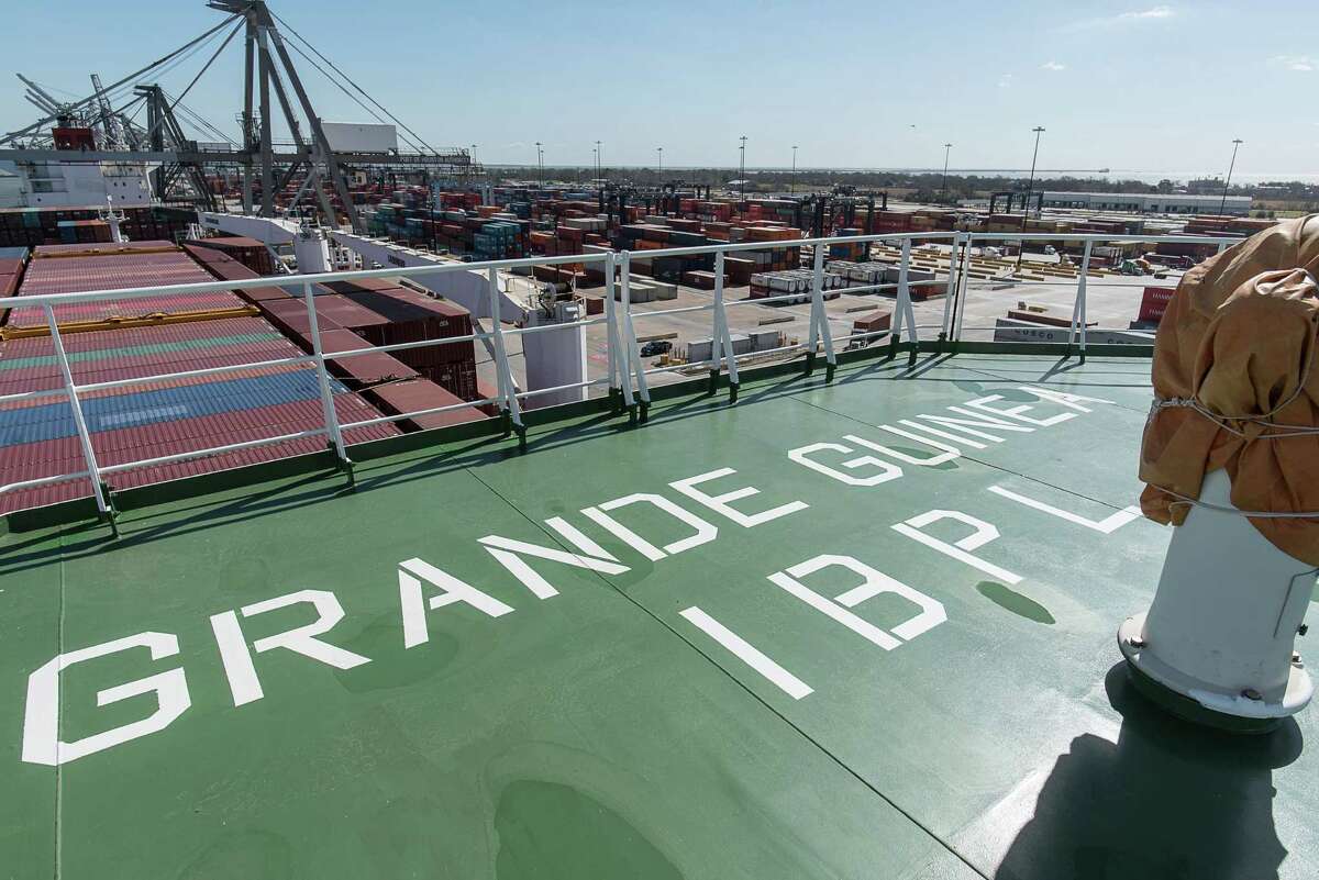 The Grande Guinea left Houston's Barbours Cut container terminal Friday loaded with containers, kicking off the first regular direct container and roll-on, roll-off shipping service between Houston and West Africa.