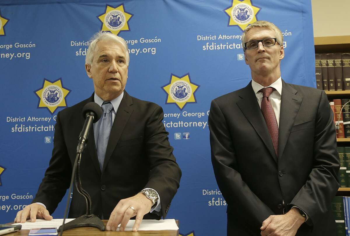 San Francisco District Attorney George Gascón, left, and FBI Special Agent in Charge David J. Johnson speak at a news conference in San Francisco, Tuesday, Feb. 16, 2016. (AP Photo/Jeff Chiu)