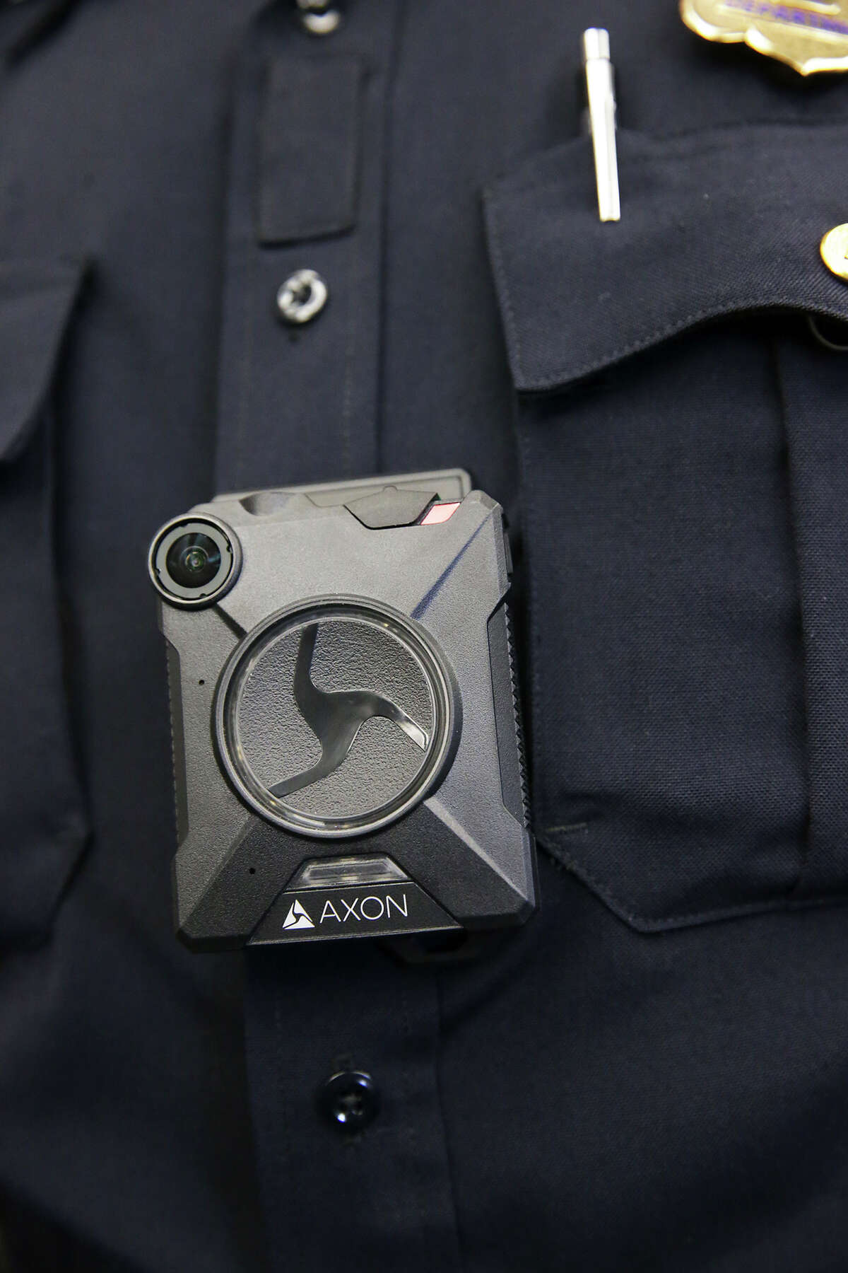 Sgt. Adam Zeldes displays the equipment as Chief William McManus and the SAPD reveal the new body camera to be worn by its officers during a demonstration session Wednesday morning at the Police Academy on February 17, 2016.