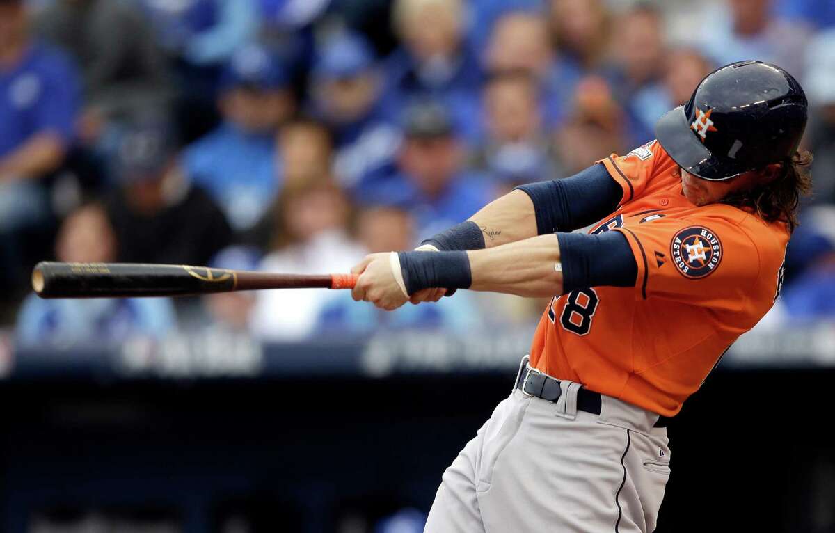 Houston Astros’ Colby Rasmus hits a solo home run during the third inning of Game 2 of the American League Division Series against the Kansas City Royals in Kansas City, Mo., on Oc. 9, 2015.