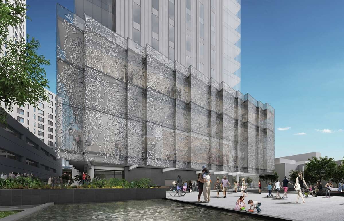 A rendering of the planned Mexican Museum at Jessie Square in San Francisco shows how it fits in with the larger condo development. The museum was designed by Mexican architect Enrique Norten.