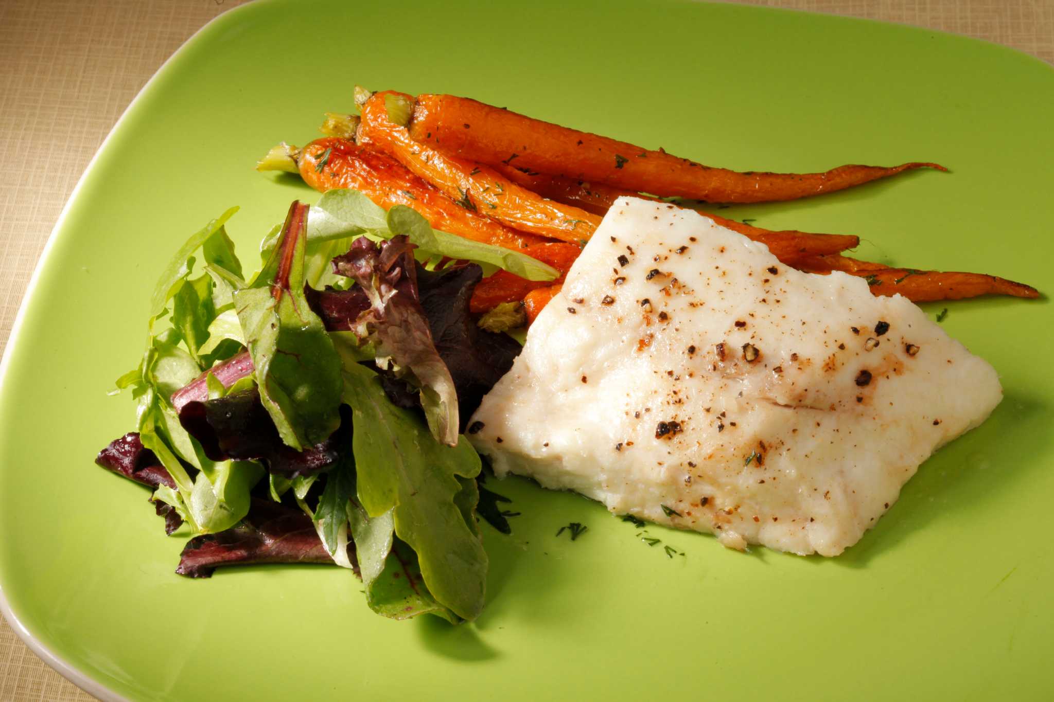 Recipe Olive OilPoached Halibut with DillRoasted Baby Carrots