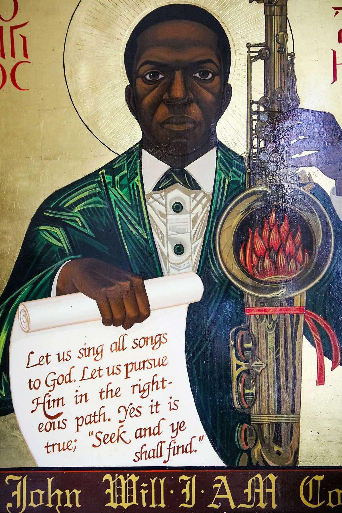 A painting by Reverend Mark Dukes, of John Coltrane, sits on the wall of the St. John Coltrane African Orthodox Church in San Francisco, California on Wednesday, February 17, 2016.