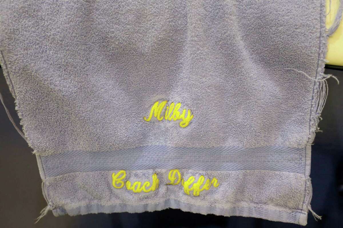 A towel that Milby High School basketball coach Jim Duffer has used every game is shown on the bench before his last game against Reagan at Barnett Tuesday, Feb. 16, 2016, in Houston. He is retiring after 29 years. In his first year in 2004, he led Milby to a Class 5A state championship. ( Melissa Phillip / Houston Chronicle )