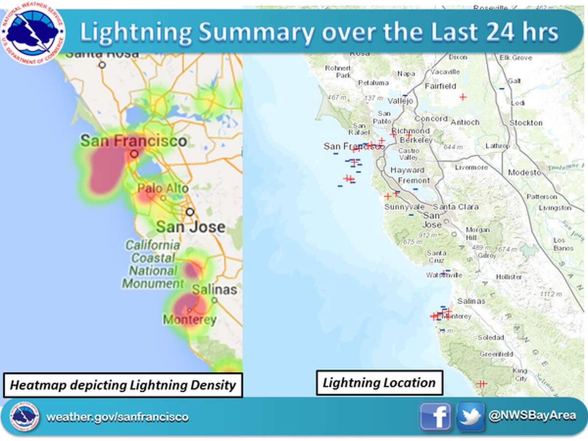 This map from the National Weather Service shows lightning strikes in the Bay Area on Wednesday, Feb. 17 and Thursday, Feb. 18, 2016.