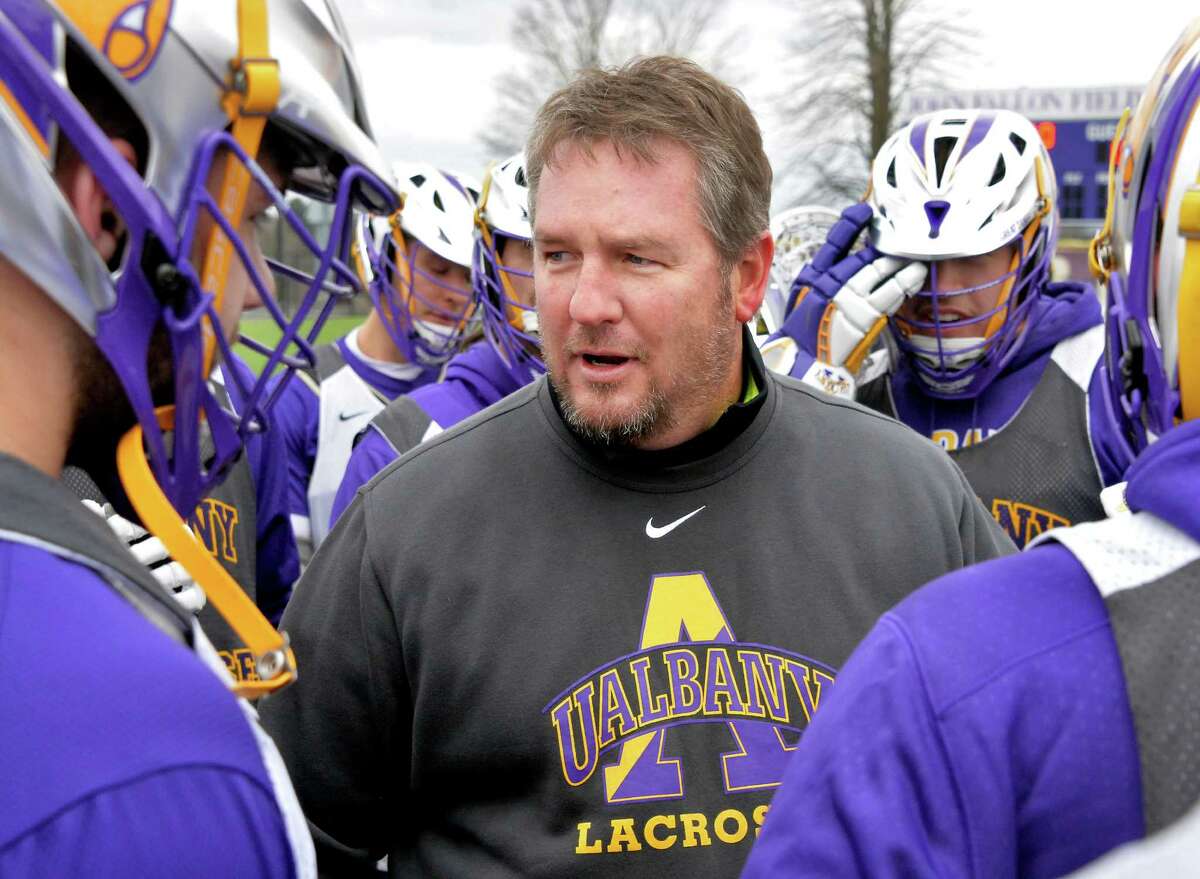 UAlbany Head Coach Scott Marr with players during lacrosse practice Wednesday Feb. 17, 2016 in Albany, NY. (John Carl D'Annibale / Times Union)