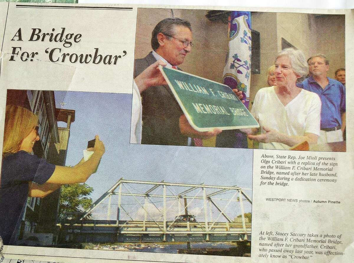 Included among the memorabilia that William F. Cribari's children have saved about their father is this clip from the Westport News about the state's naming of the Saugatuck swing bridge in his memory.