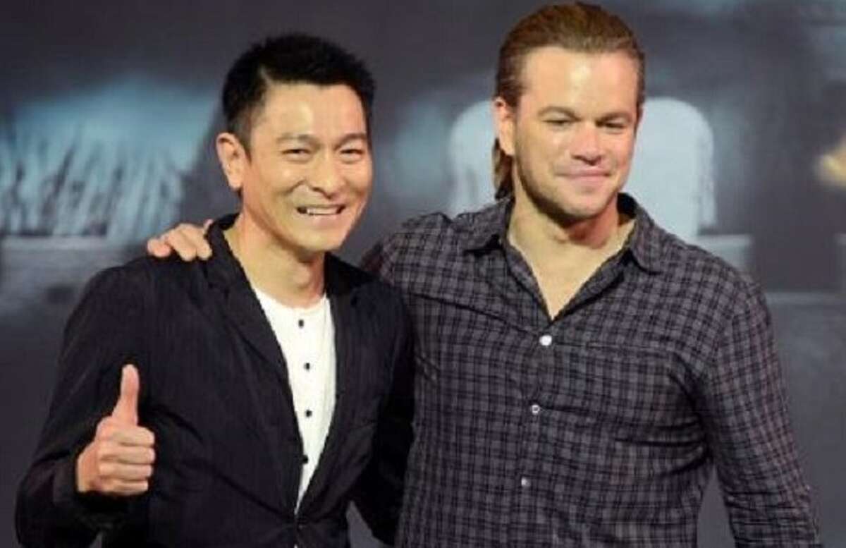 Actor Matt Damon, right, speaks next to Hong Kong movie star Andy Lau during a press conference of their latest movie "The Great Wall" held at a hotel in Beijing, China, Thursday, July 2, 2015. 