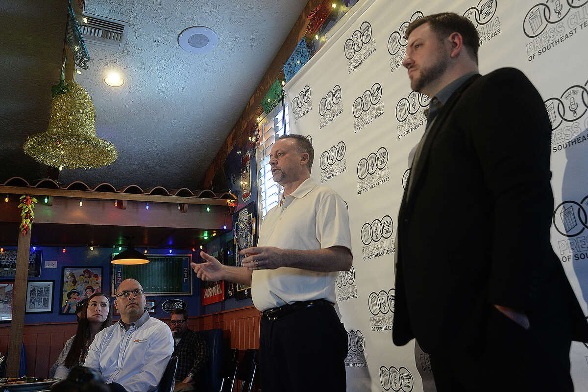 Pastor David Birdsong and Joshua Hammers of the Orange County Atheists offer their disparate views on the issue separation of church and state during Thursday's Press Club meeting at Cafe Del Rio. A number of recent local debates surrounding the issue have arisen, including the cross in Port Neches, Orange's nativity scene, and police car decals saying In God We Trust, were discussed. A question and answer period with the audience followed their respective presentations. Photo taken Thursday, February 18, 2016 Kim Brent/The Enterprise