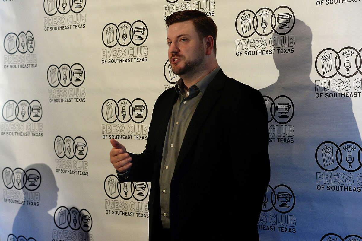 Joshua Hammers, spokesperson for Orange County Atheists, makes opening remarks regarding his position on the issue separation of church and state during Thursday's Press Club meeting at Cafe Del Rio. Photo taken Thursday, February 18, 2016 Kim Brent/The Enterprise