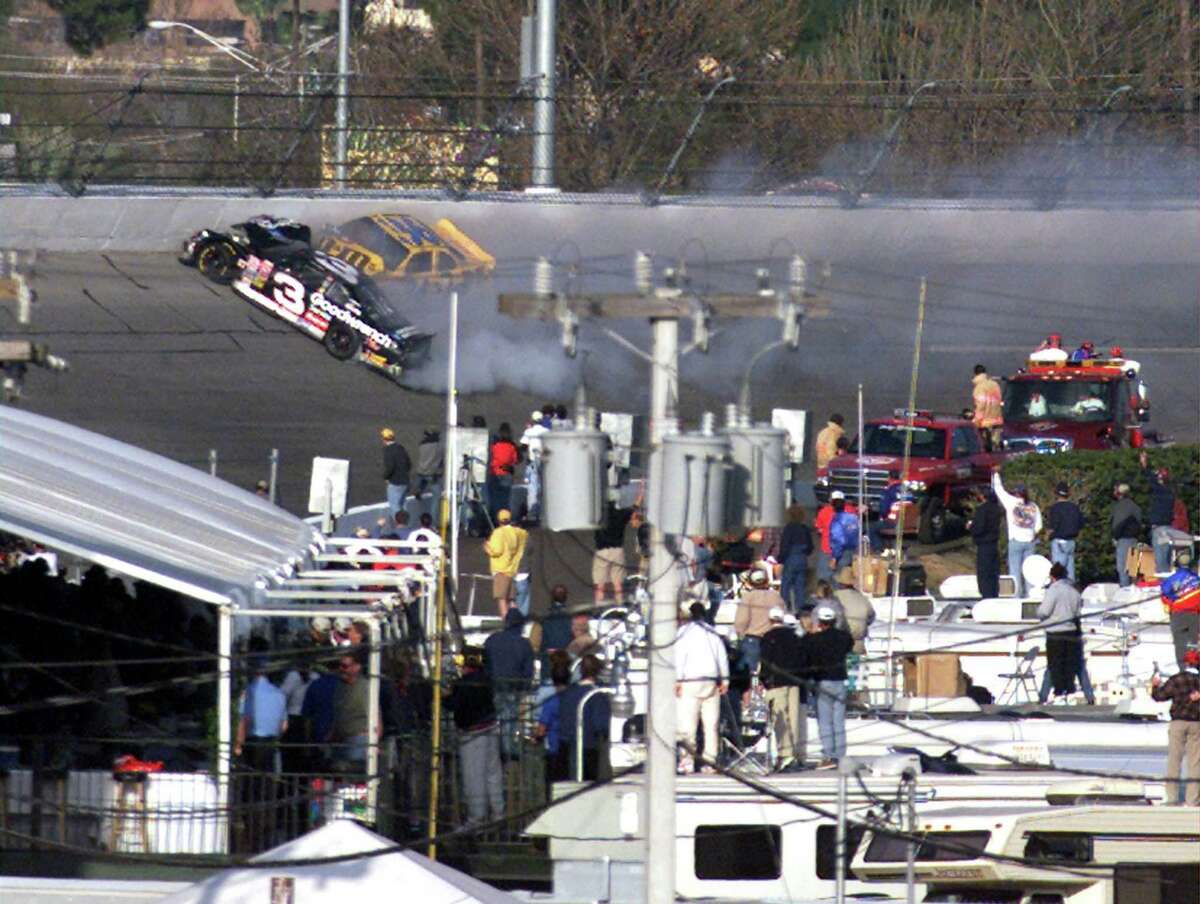 Dale Earnhardt's #3 GM Goodwrench Chevy is slammed into the wall between turn 3-4 in the last lap of the Daytona 500 on Sunday February 18, 2001. Earnhardt, a seven-time Nascar Winston Cup champion, died of injuries. He was 49.