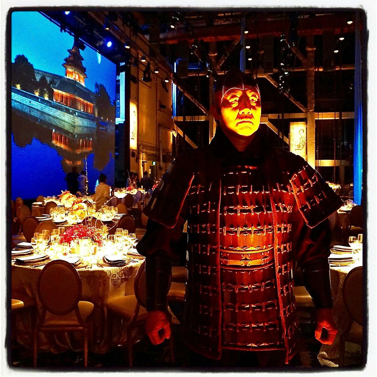 An actor poses as a Terra Cotta Warrior inside Zellerbach Hall for the Year of the Monkey celebration at the SF Symphony Chinese New Year Concert & Imperial Dinner at Davies Hall. Feb 2016.
