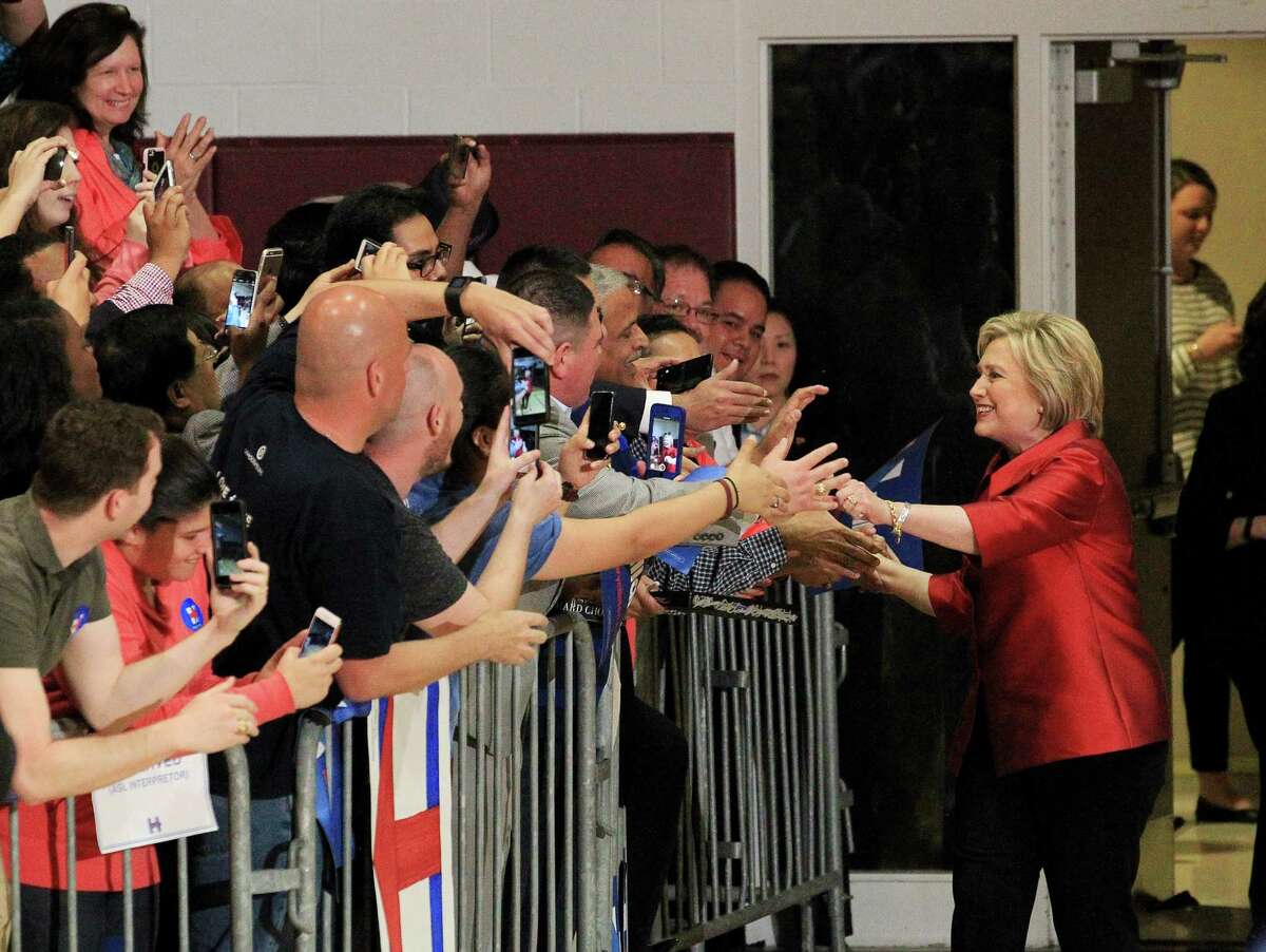 Hillary Clinton greets supporters during a campaign event at Texas Southern University Saturday, Feb. 20, 2016, in Houston.