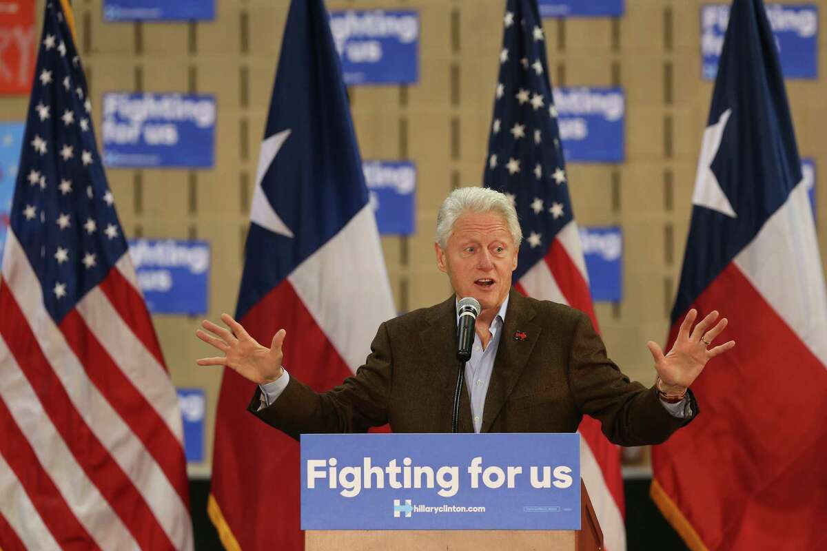 Former President Bill Clinton addresses the crowd as he campaigns for Hillary Clinton in Laredo at Texas A&M International University, Monday, Feb 22, 2016. Early in the day, Clinton attended a private fundraiser at the home of U.S. Rep. Henry Cuellar.
