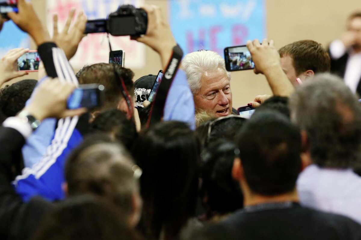 Former President Bill Clinton greets the crowd as he campaigns for Hillary Clinton in Laredo at Texas A&M International University, Monday, Feb 22, 2016. Early in the day, Clinton attended a private fundraiser at the home of U.S. Rep. Henry Cuellar.