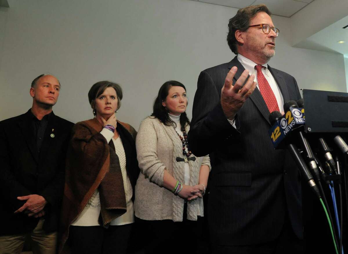 Bill Sherlach, husband of Mary Sherlach, a school psychologist killed at Sandy Hook Elementary School speaks at a press conference at Koskoff, Koskoff & Bieder in Bridgeport, Conn. on Monday, Feb. 22, 2016. A state Superior Court judge in Bridgeport will hear final arguments from attorneys representing the 10 families and Bushmaster, and then decide whether the lawsuit will be dismissed or whether it will be allowed to progress toward a jury trial.