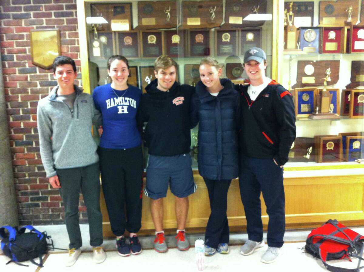 From left, Will Sisca, Meg Robinson, Owen Tedford, Kelly Gallagher and Paul Williams are the captains of the Greenwich High School skiing team. Both the boys and girls teams are in the midst of successful seasons and should contend for the State Open championship.