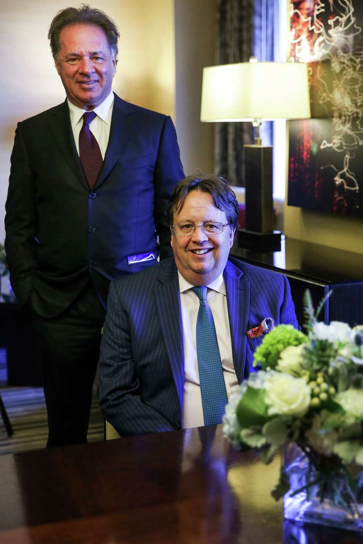 Former Cheniere CEO Charif Souki, left, and Martin Houston, formerly with Parallax Energy, stand for a portrait after talking about their new liquified natural gas company, Tellurian Investments, during the second day of IHS CERAWeek at the Hilton Americas Tuesday, Feb. 23, 2016. ( Michael Ciaglo / Houston Chronicle )