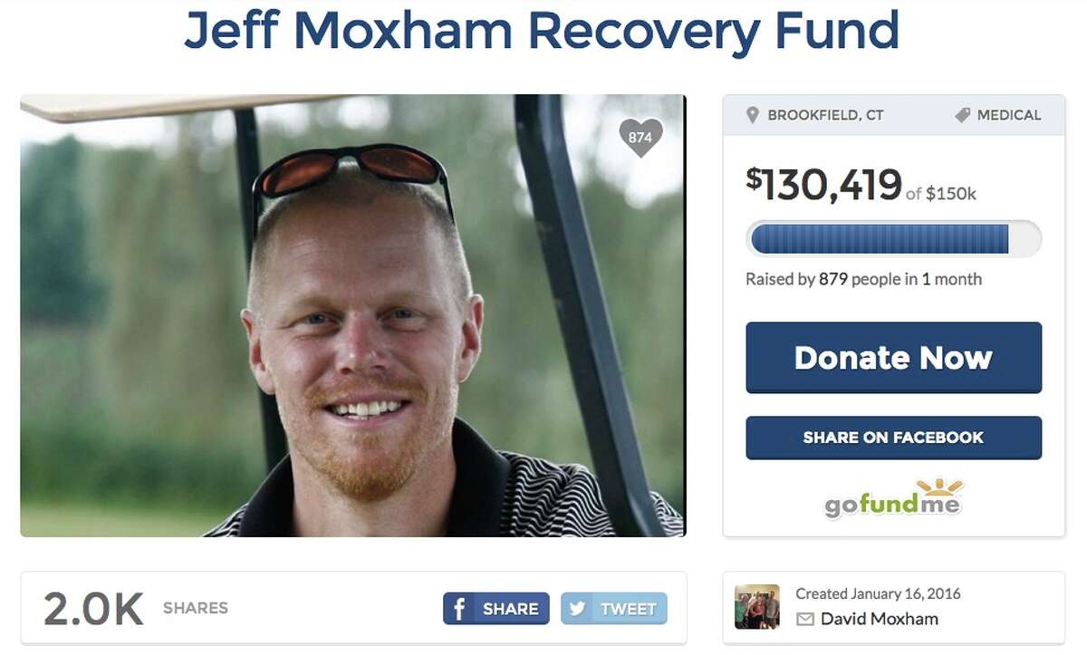 Funds for the victim of a workplace accident Total sought:$150,000Overview: A Brookfield business owner lost the use of his lower body when he was crushed under a garage door; family seeks financial support.GoFundMe Page"Jeff Moxham or 'Mox' as most know him by; friend, brother, father, son, one of the most giving individuals we have ever known, is now in need of your help....It's hard to believe Jeff lost the use of his lower body one month ago. One month and one day ago he was his old self; working hard, playing basketball and fully engaged in life with his family. He could never have imagined what was awaiting him when he went to work the very next day. Four weeks ago today, Jeff suffered the single biggest and life-changing tragedy of his life, when an industrial garage door fell on top of him, crushing his L2-T11 vertebrae, rendering him a life-long paraplegic. If it wasn't for the life-saving efforts of Herb Jacobs, a wonderful Samaritan, Jeff's outcome could have been worse."(Screenshot take 2/24/16)