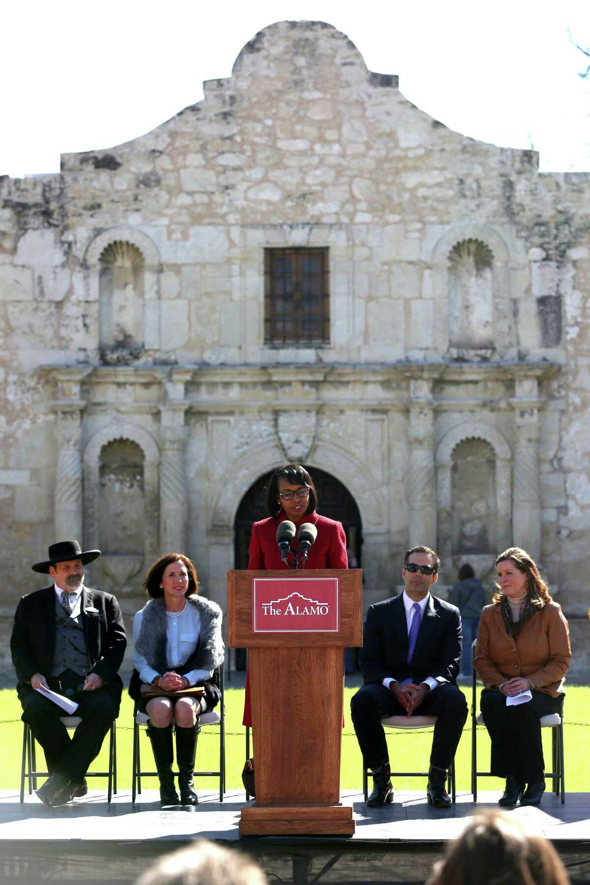 San Antonio Mayor Ivy Taylor speaks Wednesday, Feb. 24, 2016, in front of the Alamo on the 180th anniversary of William Travis' writing of his world famous "Victory or Death" letter. A reenactment of the writing of the letter preceded the start of the famous ride to Goliad by Albert Martin seeking reinforcements. Scott McMahon is recreating the ride this year.