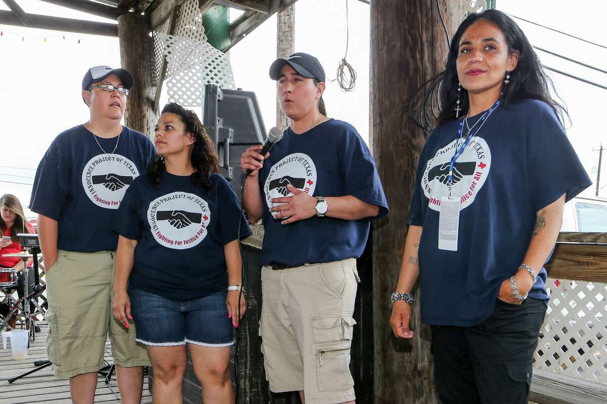 The San Antonio Four - Kristie Mayhugh (from left), Elizabeth Ramirez, Anna Vasquez and Cassandra Rivera - address the gathering during a fundraiser at Fatso's Sports Garden on Saturday, May 24, 2014 to raise money to help them cover their costs. The women are out on bond after spending more than a decade in prison and continue to fight for their exoneration, having always maintained that they never sexually assaulted two girls in 1994. MARVIN PFEIFFER/ mpfeiffer@express-news.net