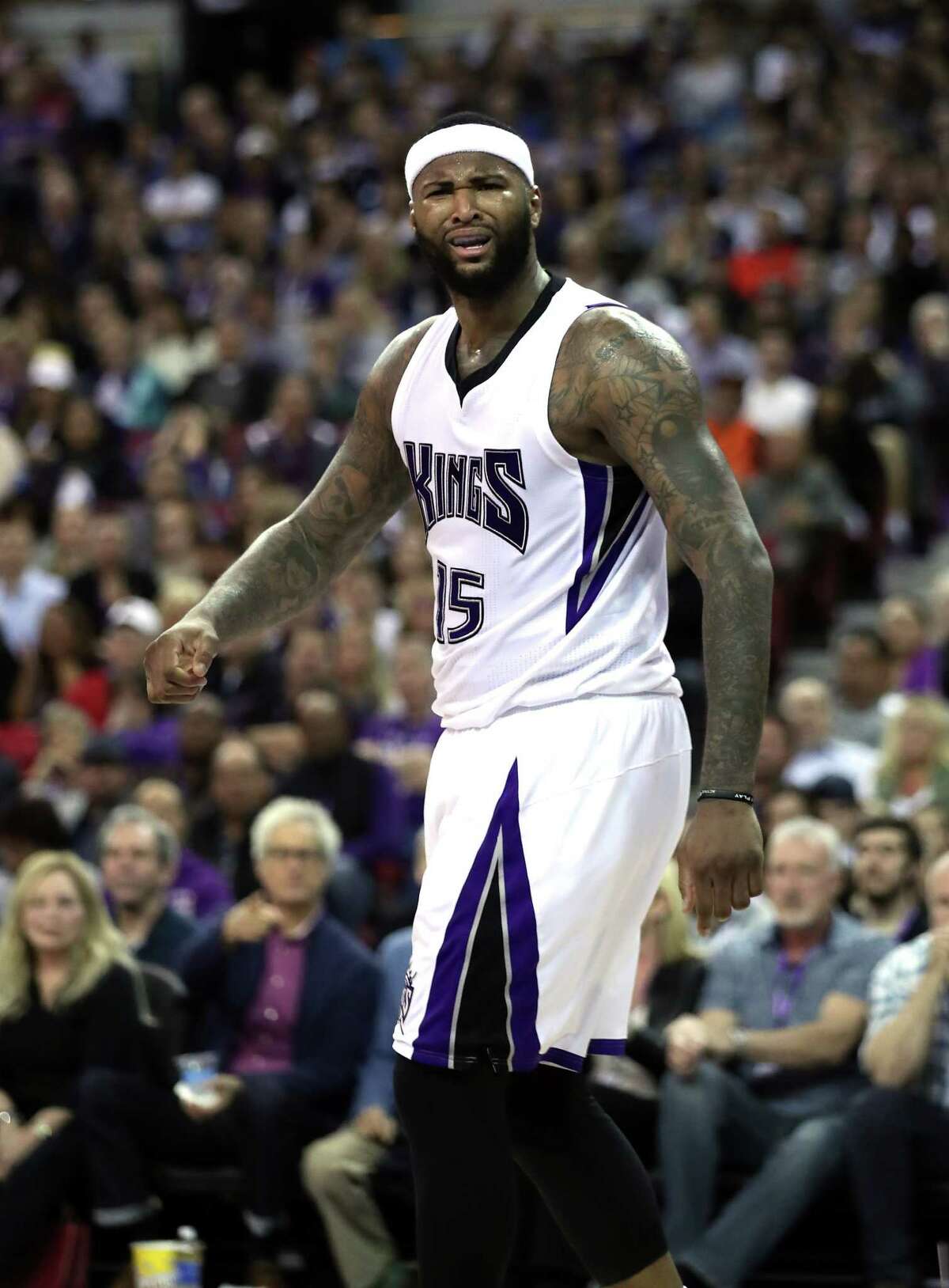 SACRAMENTO, CA - FEBRUARY 24: DeMarcus Cousins #15 of the Sacramento Kings complains about a call during their game against the San Antonio Spurs at Sleep Train Arena on February 24, 2016 in Sacramento, California. NOTE TO USER: User expressly acknowledges and agrees that, by downloading and or using this photograph, User is consenting to the terms and conditions of the Getty Images License Agreement.