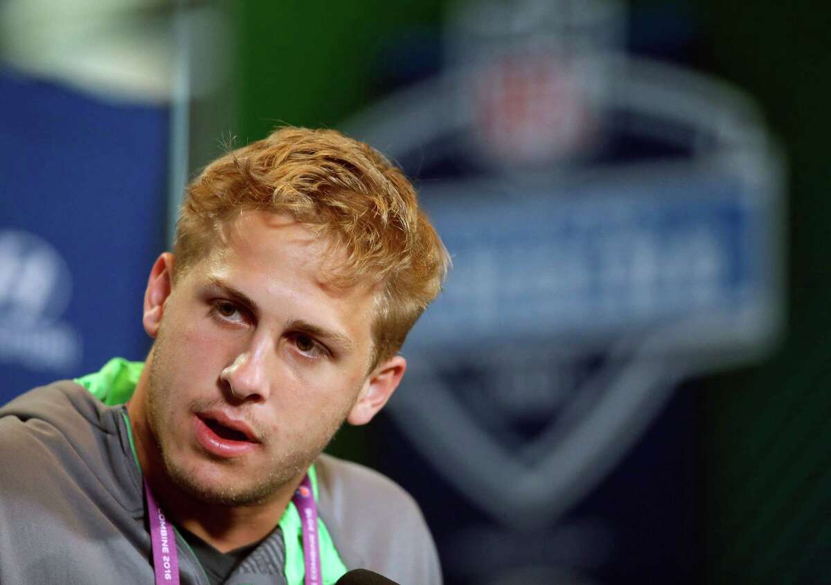 California quarterback Jared Goff responds to a question during a news conference at the NFL football scouting combine Thursday, Feb. 25, 2016, in Indianapolis. (AP Photo/Darron Cummings)