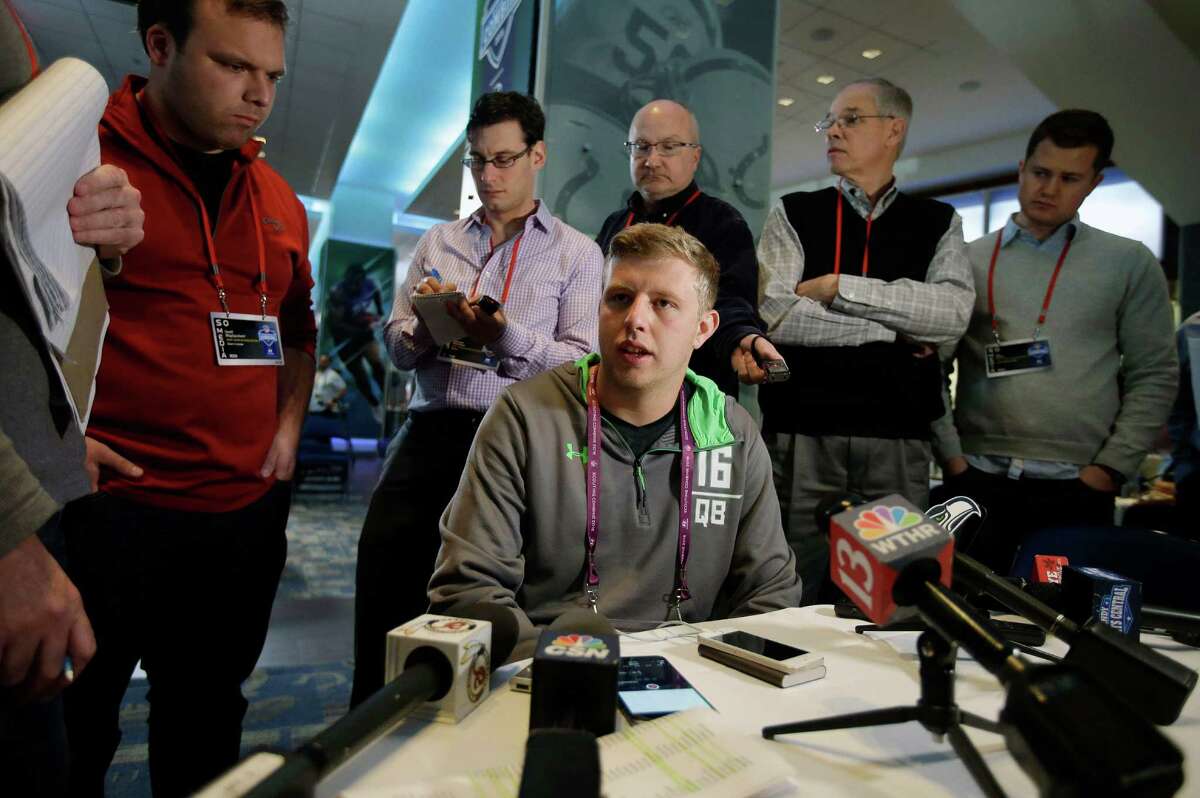 Indiana quarterback Nate Sudfeld responds to a question during a news conference at the NFL football scouting combine Thursday, Feb. 25, 2016, in Indianapolis. (AP Photo/Darron Cummings)