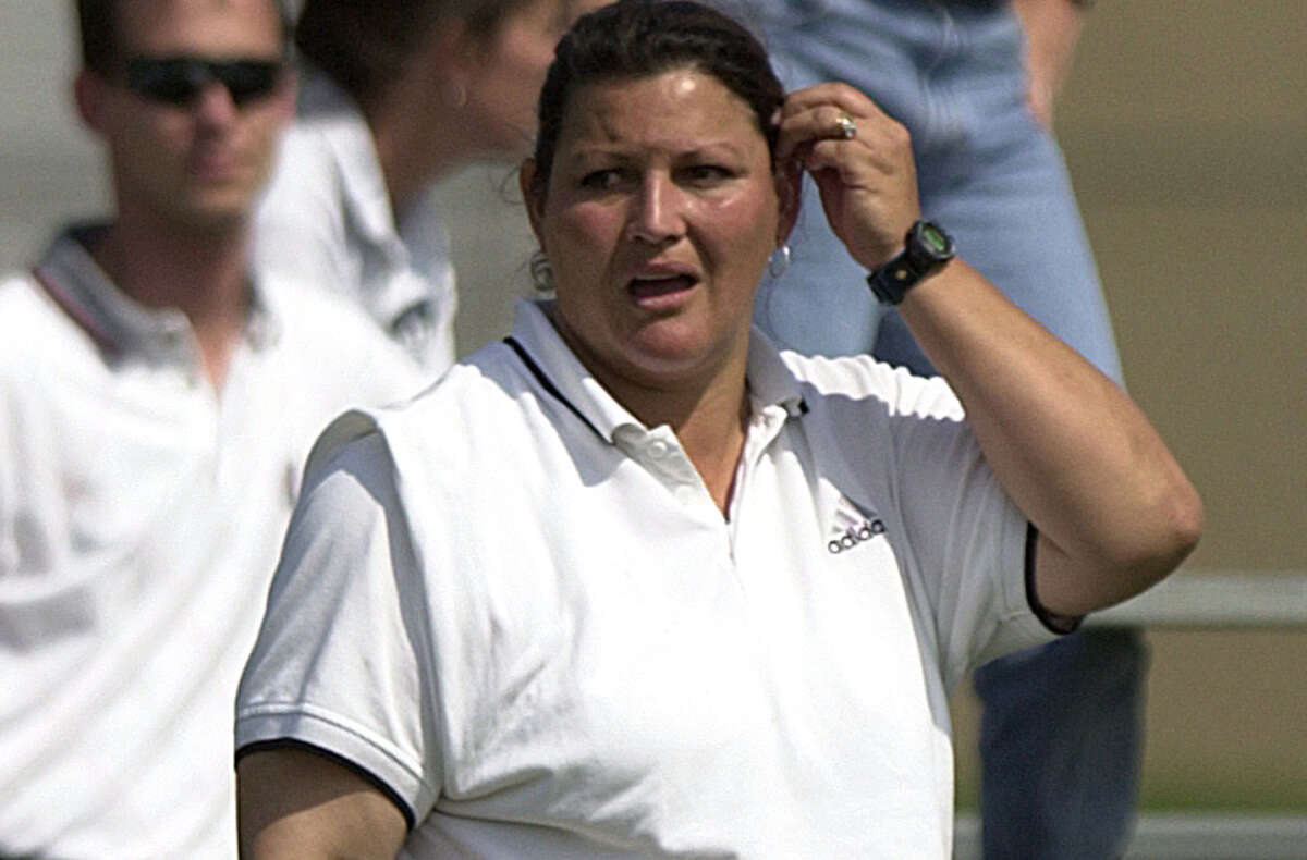 Clark girls soccer coach Liz Sandoval works the sideline against O’Connor in the Region IV-5A final on March 31, 2001, at the Blossom Athletic Center.