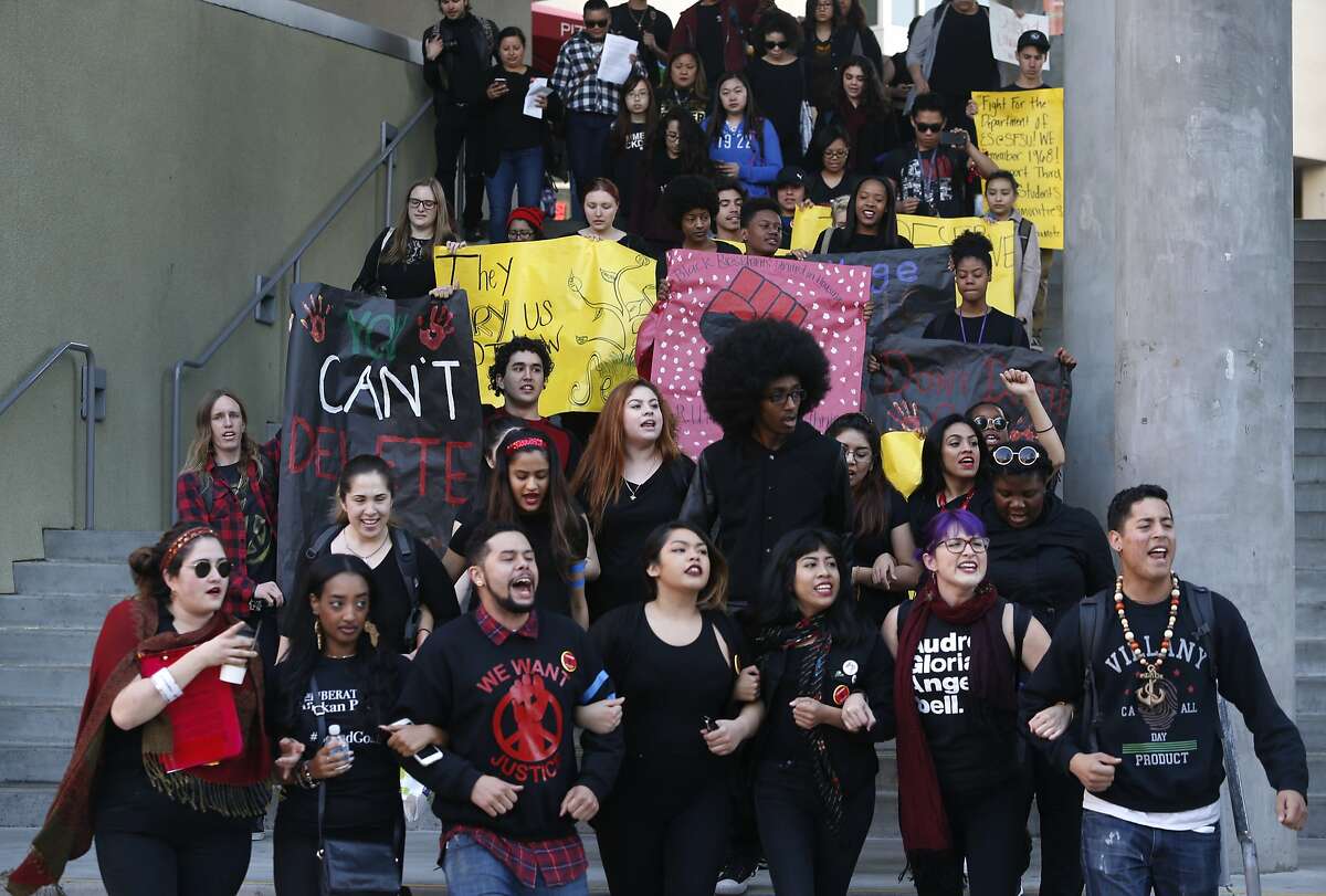 Students in the College of Ethnic Studies march through the San Francisco State campus before a meeting with university president Les Wong in San Francisco, Calif. on Thursday, Feb. 25, 2016.