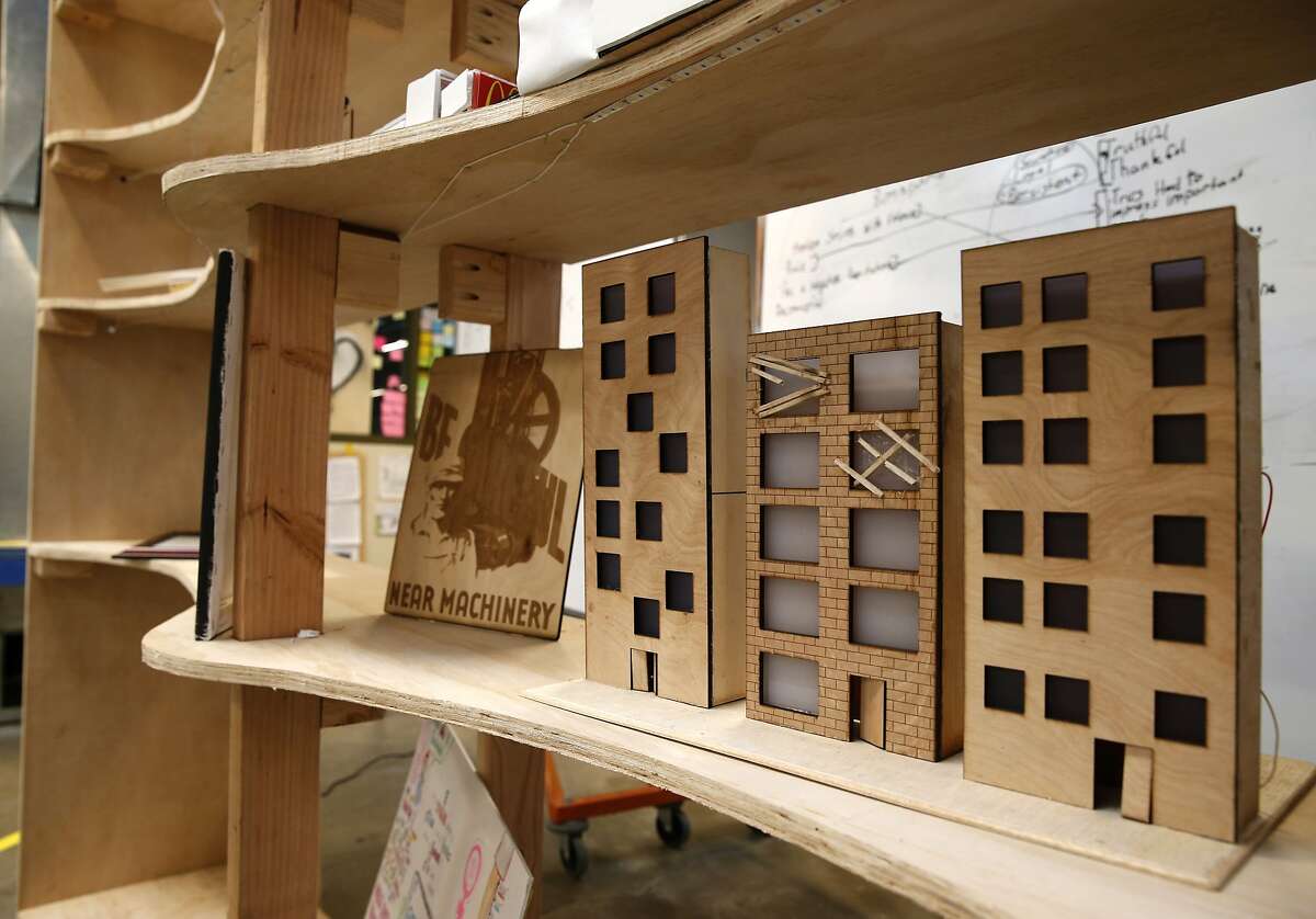 Projects designed and produced by students are displayed on shelves designed and built by students at the Design Tech High School in Burlingame, Calif. on Thursday, Feb. 25, 2016. The charter school has plans to relocate its school to the Oracle campus in the near future.