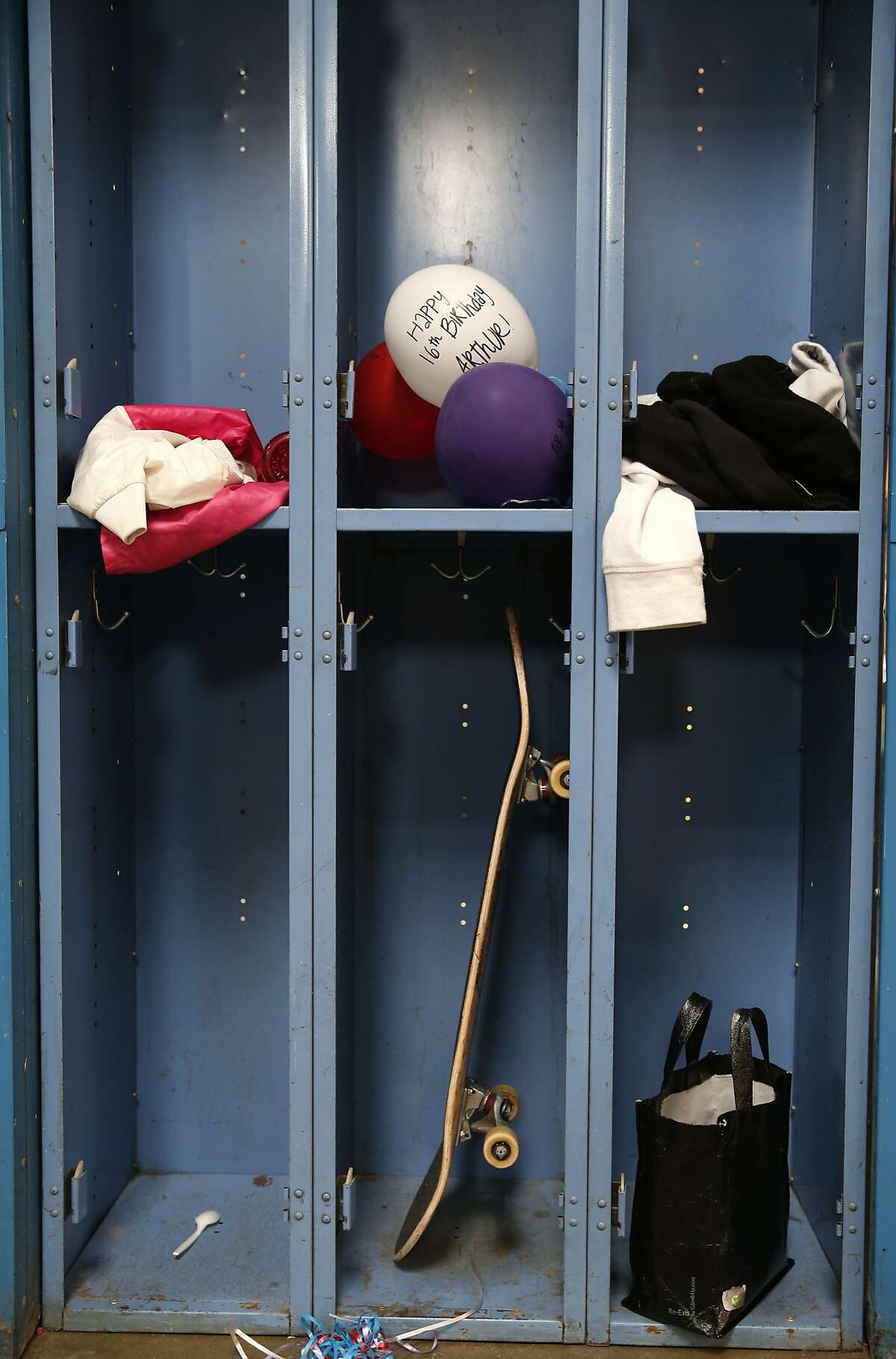 Student's lockers do not need doors at the Design Tech High School in Burlingame, Calif. on Thursday, Feb. 25, 2016. The charter school has plans to relocate its school to the Oracle campus in the near future.