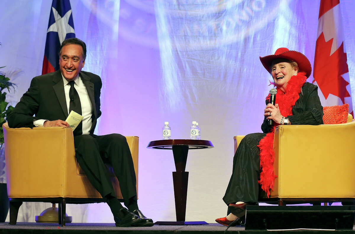 Former San Antonio Mayor and ex-US Housing Secretary Henry Cisneros (left) and former Secretary of State Madeleine K. Albright joke during a conversation Thursday Feb. 25, 2016 part of the World Affairs Council of San Antonio 2016 International Citizen of the Year Gala held at the Marriott Rivercenter.