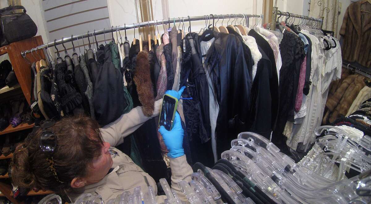A photo taken by the California Department of Fish and Wildlife of the search of Decades of Fashion for items made from prohibited species.