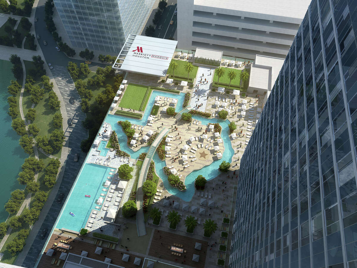 The Marriott Marquis, which opens in downtown Houstin in October, includes a lazy river on its roof shaped like the state of Texas.
