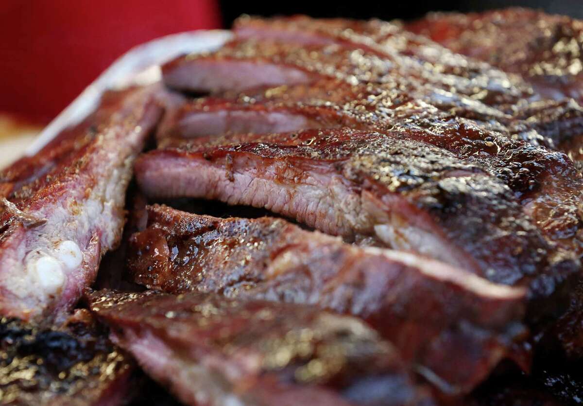 A tray of pork ribs from "The Original Pearl Cookers," is seen at the Houston Livestock Show and Rodeo's World's Championship Barbecue Contest Saturday, Feb. 27, 2016, in Houston.
