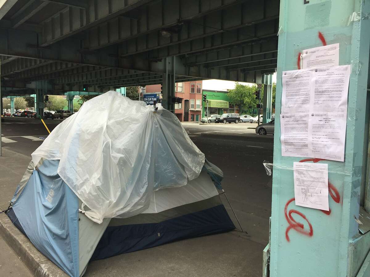 Signs posted by the city on Tuesday warn campers under the Central Freeway that they must vacate within 72 hours.